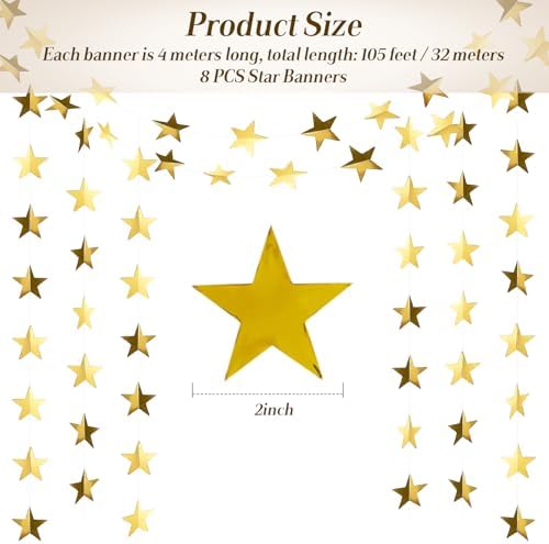 RAINFLOW 104 Ft Gold Star Garland - 8PCS Glitter Hanging Stars Banner Decor