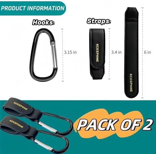 2 Pack Stroller Hooks, Stroller Straps for Diaper Bags,Adjustable Stroller Carabiner Clip,Baby Stroller Accessories for nuna,Uppababy,Bob,Hook for Bike,Scooter,Wheelchair,Walker Accessories（Black）