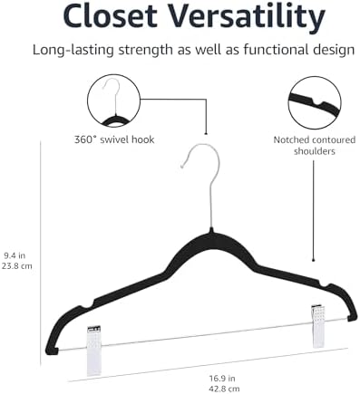 Amazon Basics Velvet Non-Slip Skirt Clothes Hangers with Clips, 360 Degree Rotatable Hook, Organize Pants and Skirts, Black/Silver, 24-Pack