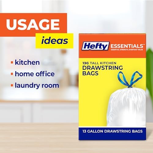 Hefty Essentials 13 Gallon Kitchen Trash Bags, White, Unscented, 45ct