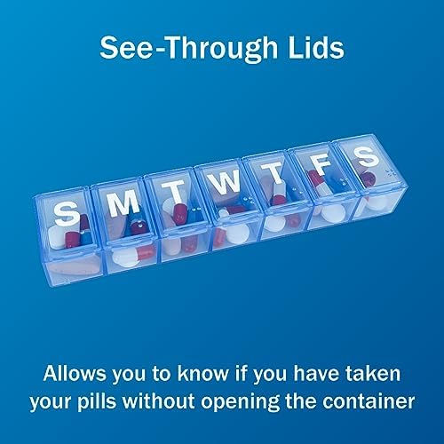 Amazon Basic Care 7-Day Weekly Pill Organizer, Portable Medicine and Vitamin Planner Box with Medium Compartments, Blue