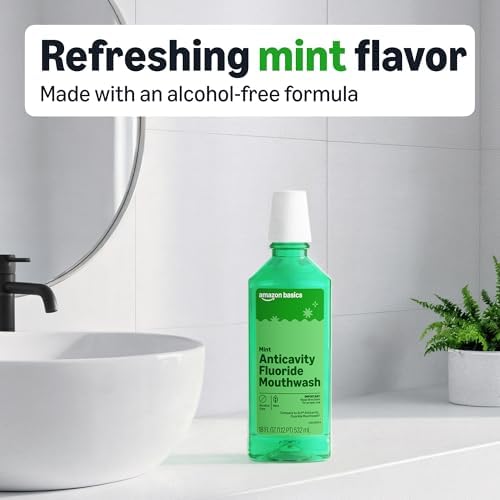Amazon Basics Anticavity Fluoride Rinse, Alcohol-Free, Mint, 18 ounce (Pack of 4), Packaging May Vary