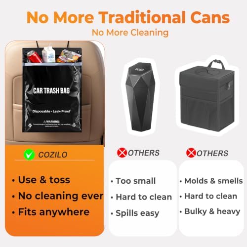COZILO 50 Count Disposable Car Trash Bags, Hanging & Stick-On Car Trash Can