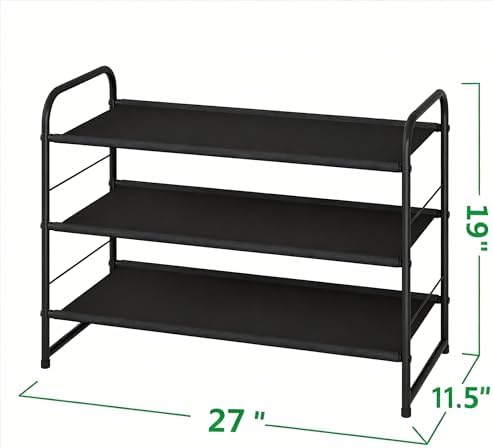 Ekisemio 3-Tier Stackable Shoe Rack – Expandable & Adjustable Fabric Shoe Organizer, Space-Saving for Closet, Black