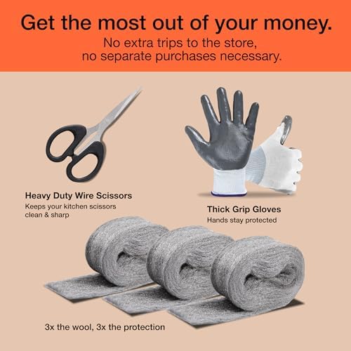 Steel Wool Mice Control 3-pc, Mouse Hole Filler, Scissors & Gloves, MaPorch