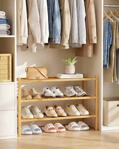 Kitsure Bamboo Wooden Shoe Rack for Closet, 26.8" Wide - 3 Tiers, Natural