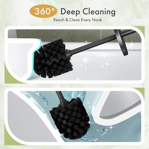 Toilet Bowl Brush and Holder Set 2 Pack with 4 Extra Brush Heads (Black)