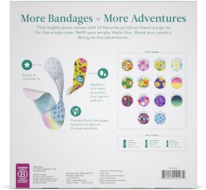 Welly Bandage Refill Ready Pack | Adhesive Flexible Fabric Bandages | Bulk Assorted Shapes and Patterns for Minor Cuts, Scrapes, and Wounds - 200 Count