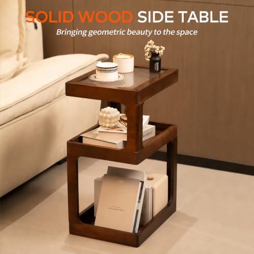 Solid Wood Side Table, 3 Tier Small End Table, Brown Accent Table