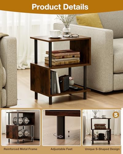 Frylr Side Table, Night Stand and End Table with Reinforced Metal Frame, 44 lb Capacity on Each Tier and Leveling Feet for Bedroom, Bedside, Living Room and Small Spaces, Rustic Brown