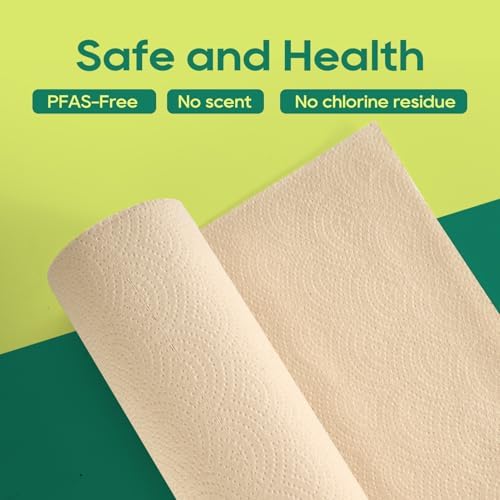 ECOlipak Bamboo Paper Towels - 8 Rolls, 2 Ply 120 Sheets- Plastic Free, Tree Free, Compostable, Disposable Kitchen Paper Towels, Soft and Absorbent, PFAS Free, Nature