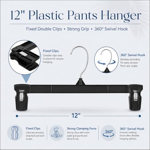Smartor Black Pants Hangers 30 Pack, Skirt Hangers with Clips, 12 Inch