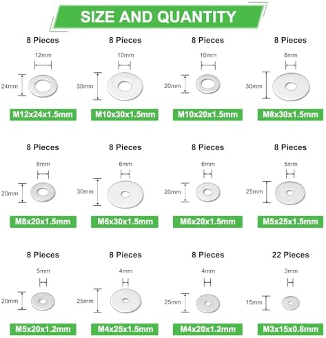 110 Pcs 304 Stainless Steel Metal Flat Washers for Screws and Bolts, Fender Washers Assortment Kit (12 Sizes M3-M12) for Automotive, Industrial & Home Use