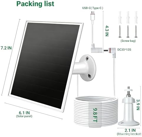 Solar Panel for Ring Camera, 6W Solar Charger with USB-C & Barrel Plug for Ring Stick Up Cam Plus/Pro & Spotlight Cam Battery Series, Waterproof, 9.8ft Cable, White