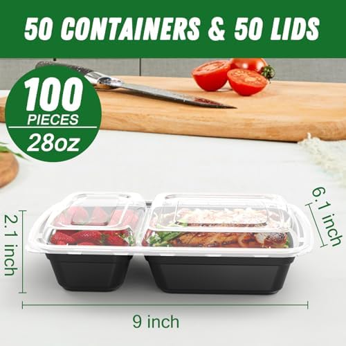 Dealusy 50 Pack 28 oz Meal Prep Containers with Lids 2-Compartment, Black