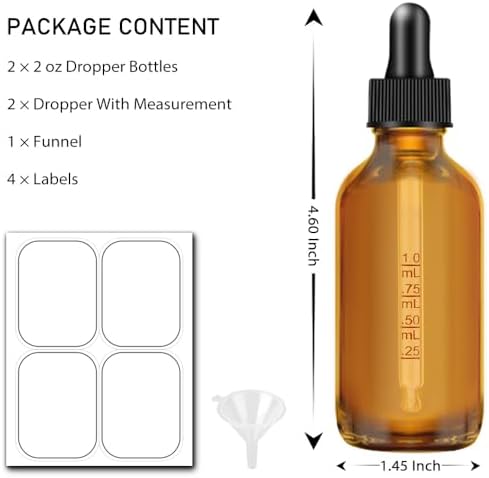 2 Pack Dropper Bottles 2 OZ, Amber Glass Bottle with Graduated Dropper