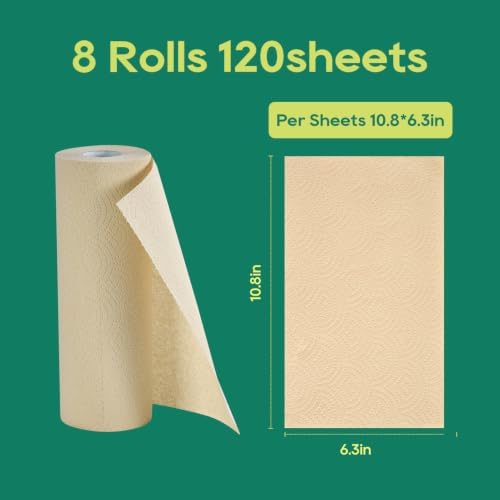 ECOlipak Bamboo Paper Towels - 8 Rolls, 2 Ply 120 Sheets- Plastic Free, Tree Free, Compostable, Disposable Kitchen Paper Towels, Soft and Absorbent, PFAS Free, Nature