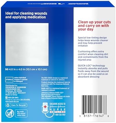 BAND-AID Brand Tru-Absorb Gauze Sponges, Large Size, 4 in x 4 in, 50 Count