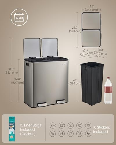 SONGMICS Trash Can, 2 x 8 Gallon (2 x 30 L) Double Compartment