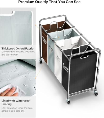 ROMOON Laundry Hamper Sorter Cart, 4-Section Organizer with Lockable Wheels