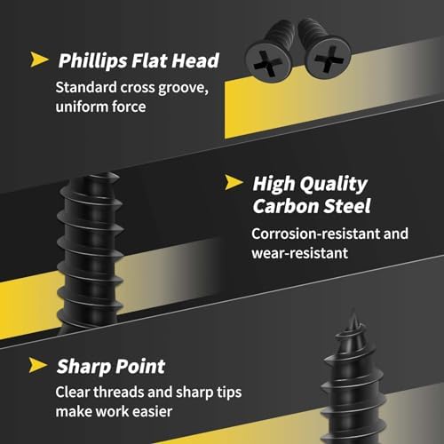 Wood Screws 1/2 Inch, FIXLINK Premium Flat Head Phillips Black Wood Screws 135 PCS, Self Tapping Electrophoresis Used in Indoor Furniture, Woodworking (#6 x 1/2")
