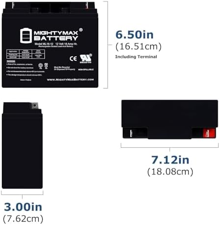 Mighty Max Battery ML18-12 - 12 Volt 18 AH, Nut and Bolt (NB) Terminal, Rechargeable SLA AGM Battery