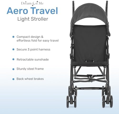 Dream On Me Aero Travel Umbrella Stroller, 1-Hand Fold, Lightweight, Black