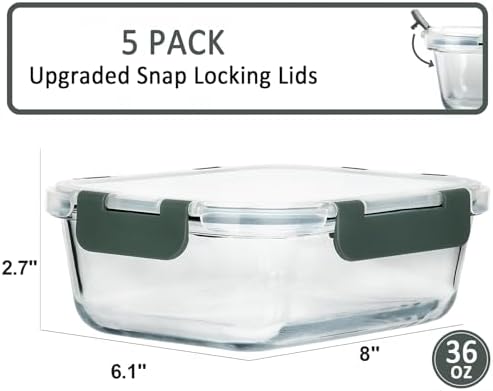 M MCIRCO 5 Pack 36 oz Glass Food Storage Containers with Lids,4.5 Cups,Gray