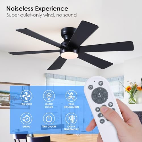 Asyko 46"Black 6-Blade Modern Low Profile Ceiling Fan with Light and Remote