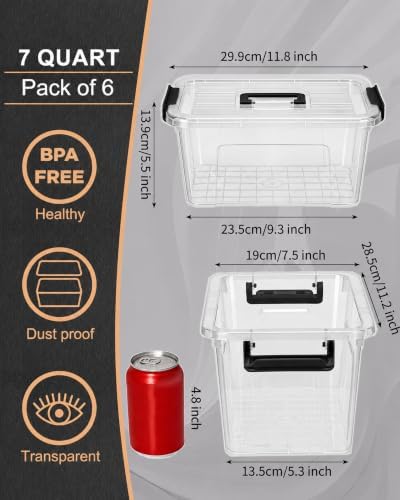 EOENVIVS Plastic Storage Bins with Lids 6 Pack Storage Organizer, 7 Quart Stackable Storage Boxes with Buckle Lids and Handle easy for Home Office Pantry Organization, Clear