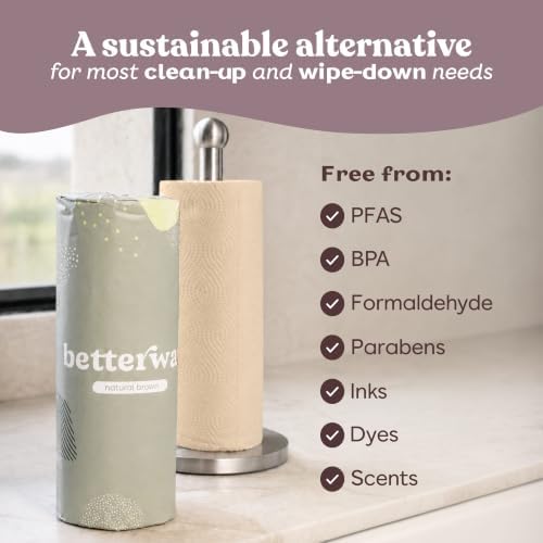 Betterway Bamboo Natural Brown Paper Towels - 8 Rolls, 2 Ply, 110 sheets - Plastic Free, PFAS Free, Disposable Kitchen Paper Towels - Select Size, Tree Free, Compostable, Strong & Absorbent