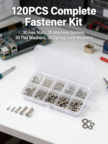 120pcs Stainless Steel Screw Assortment Kit, M2 M2.5 M3 M4 M5 Hex Nuts and Flat Washers Set, 304 Round Head Machine Screws Bolts with Spring Washers for Electronics DIY Repair