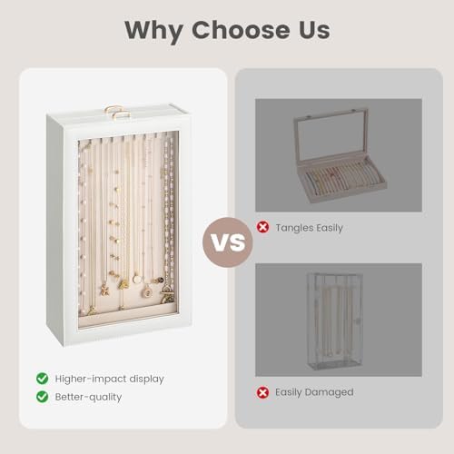 Lolalet Necklace Organizer Box, Jewelry Display Case, White, 2 Layers