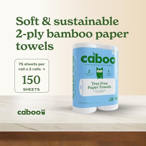 Caboo Tree Free Paper Towels, 2 Rolls, Tree Free, Plastic Free, Earth Friendly, Sustainable Kitchen Paper Towels with Strong 2 Ply Sheets