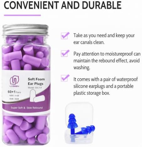 LYSIAN Foam Ear Plugs for Sleep, 60 Pairs, 38dB SNR, Purple