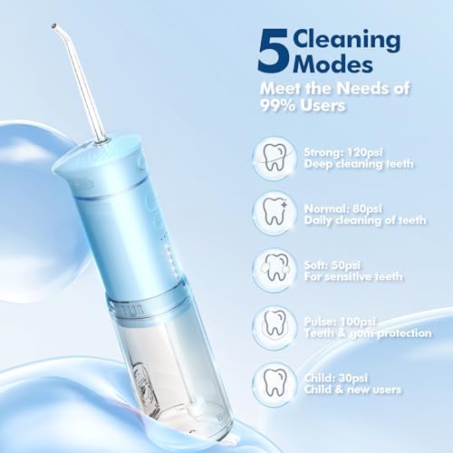 Bezvoi Mini Portable Water Flosser for Travel, 5 Modes Dental Floss, 6 Tips
