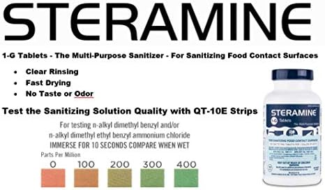 2 Bottles Steramine Sanitizer Tablets, 300 Count + 15x QT-10 Test Strips