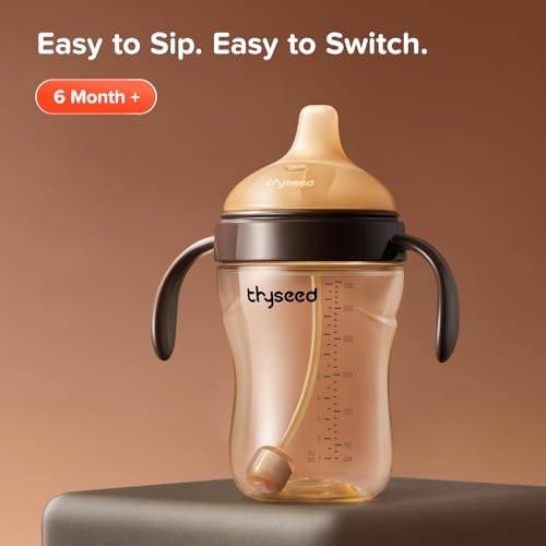 Thyseed Spill-Proof Weighted Straw Sippy Cup, Baby Transition Trainer, Soft Silicone Spout, BPA-Free, 6m+, 10 oz, 1 Pack