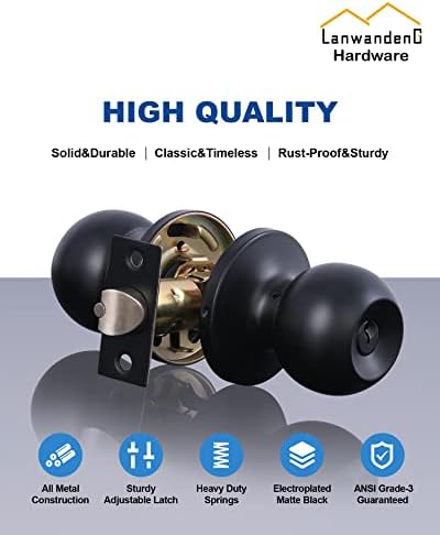 Lanwandeng Matte Black Door Knobs with Lock and Keys, Interior/Exterior Door Knob for Bedroom or Bathroom, Entry Door Lock
