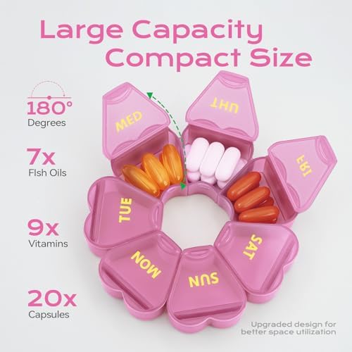 Cute Pill Organizer Weekly - Large 7 Day Compartments for Travel