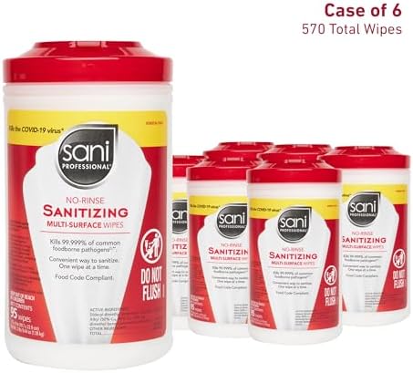 PDI Sani-Professional Sanitizing Wipes, No-Rinse Multi-Surface Cleaning for Food Contact Surfaces, Kitchens, Restuarants Tables, 95 Large 7.75" x 9" Count per Canister, Pack of 6