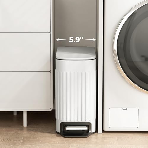 TrashAid Slim Bathroom Trash Can with Lid Soft Close & Pedal, 1.6Gal, White
