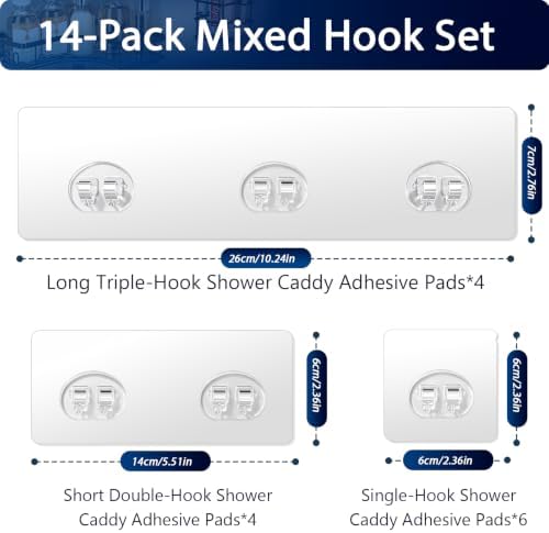 Shower Caddy Adhesive Replacement Hooks, Strong Waterproof Strips, No Drilling for Bathroom Shelves, Kitchen Racks, and Soap Holders (Transparent-14 Pack)