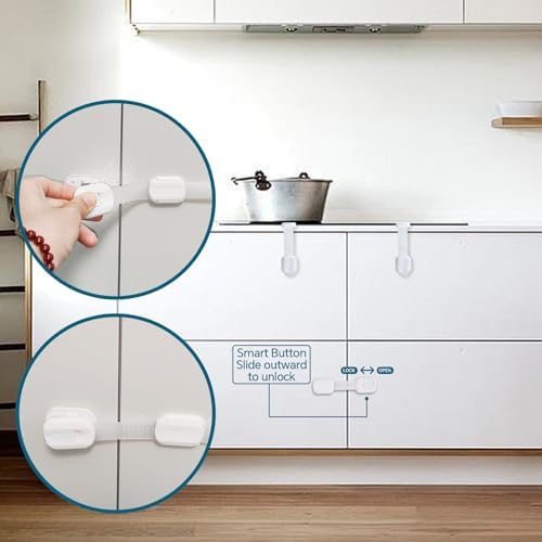 Child Safety Cabinet Locks, 8-Pack, Easy Install with 3M Adhesive, No Screws or Drilling, Multi-Purpose Latches for Cabinets, Drawers, Doors, Kitchen, Ovens, Toilets