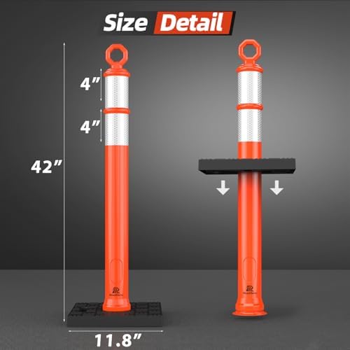 RoadHero 42 Inch Orange Traffic Delineator Post Cones with Base, 6 Pack