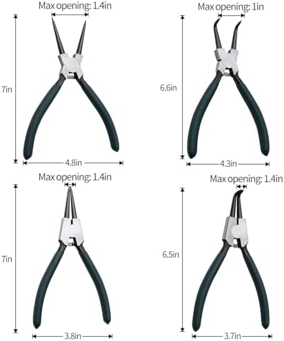 4pcs 7in Snap Ring Pliers, 5/64in Tips