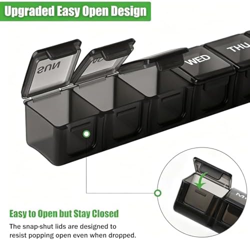 2 Pack Weekly Pill Organizer, Large 7 Day Travel Pill Case (White & Black)