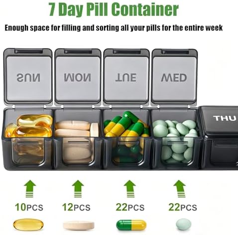 2 Pack Weekly Pill Organizer, Large 7 Day Travel Pill Case (White & Black)