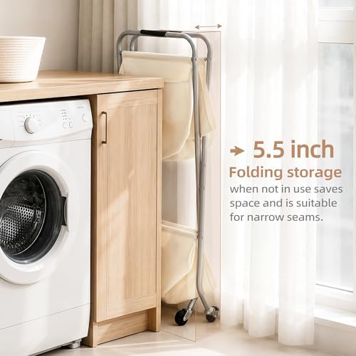 STORAGE MANIAC Collapsible Laundry Cart with Wheels 31.5"H Rolling Laundry Hamper Clothes Basket with Wheels, Canvas Liner Sturdy Steel Frame Folding for Small Narrow Space Easy Storage, Beige