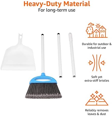 Amazon Basics Dustpan Broom Set with Adjustable Long Handle, Easy to Assemble, Blue and White